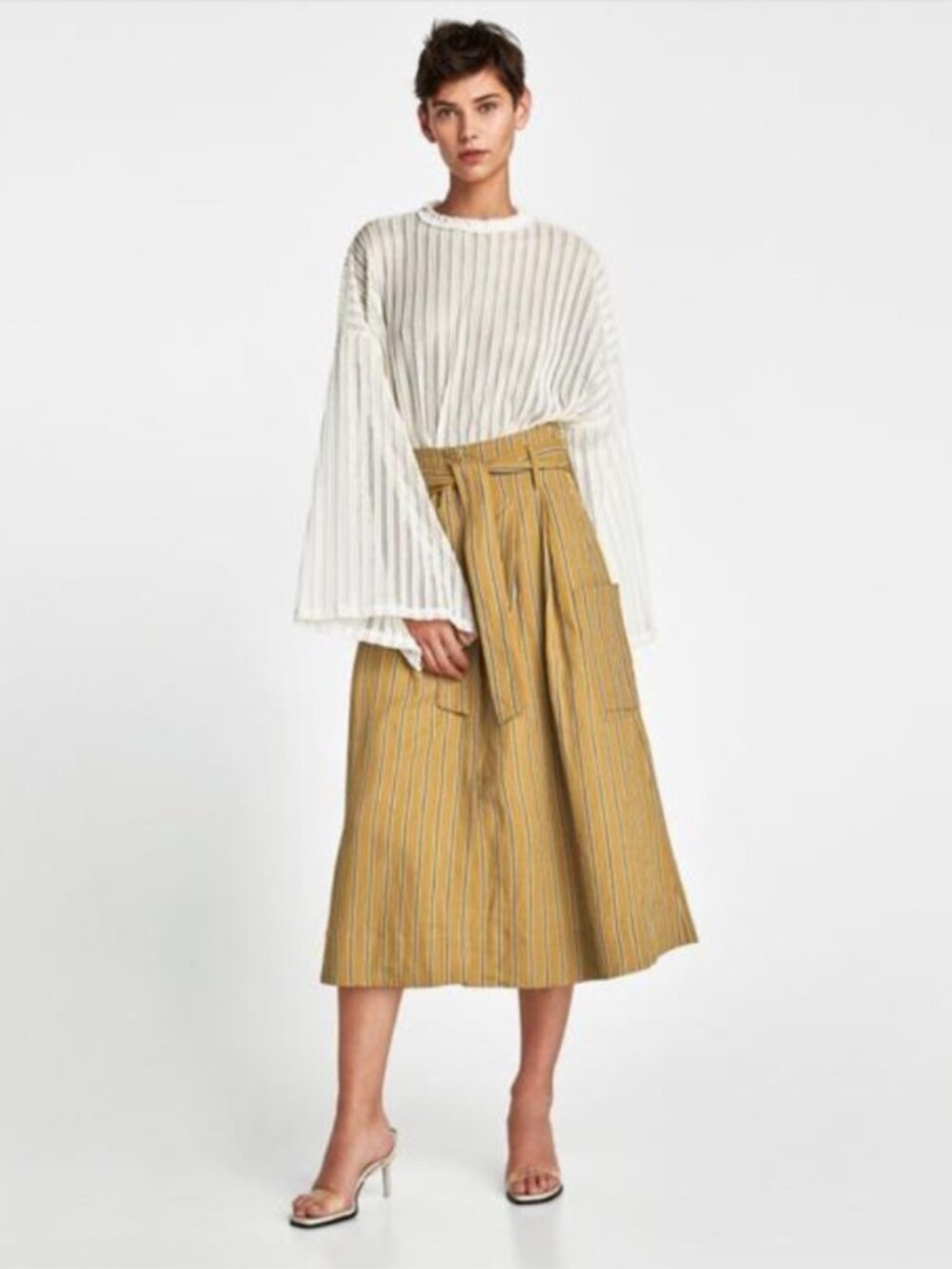 Zara Cropped Textured Weave Long Sleeve White Top